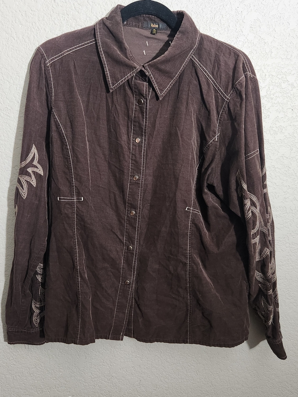 Reba Brown Embroidered Long-Sleeve Button Front Blouse Has Wear Spots